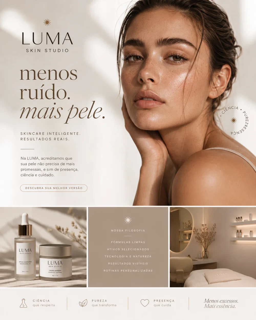 Projeto demonstrativo de campanha editorial para marca de skincare Luma Skin Studio