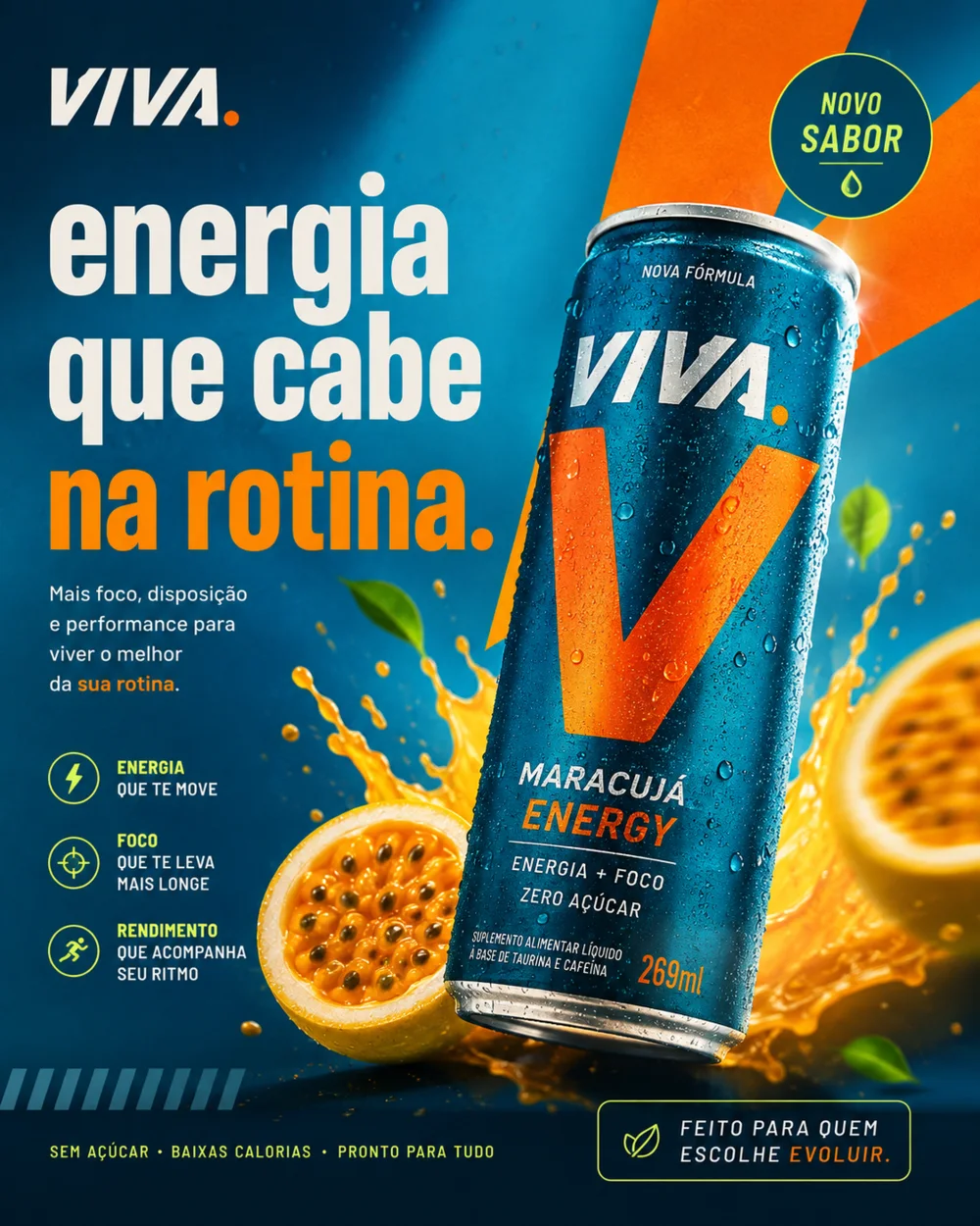 Projeto demonstrativo de anúncio para bebida energética VIVA em azul e laranja