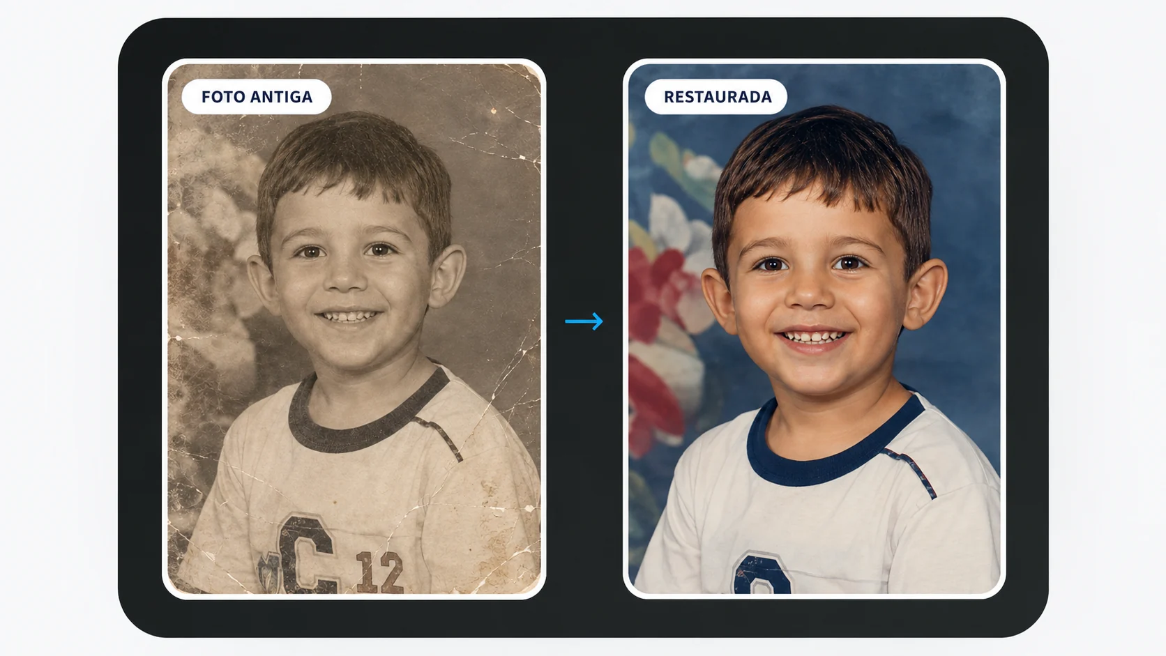 Comparação demonstrativa entre uma foto antiga danificada e a mesma fotografia restaurada e colorizada