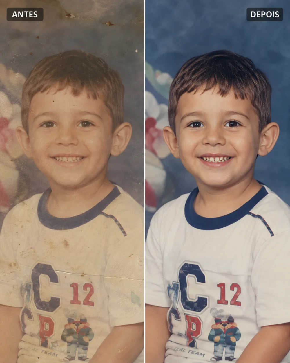 Demonstração de restauração de retrato infantil antigo, com comparação antes e depois