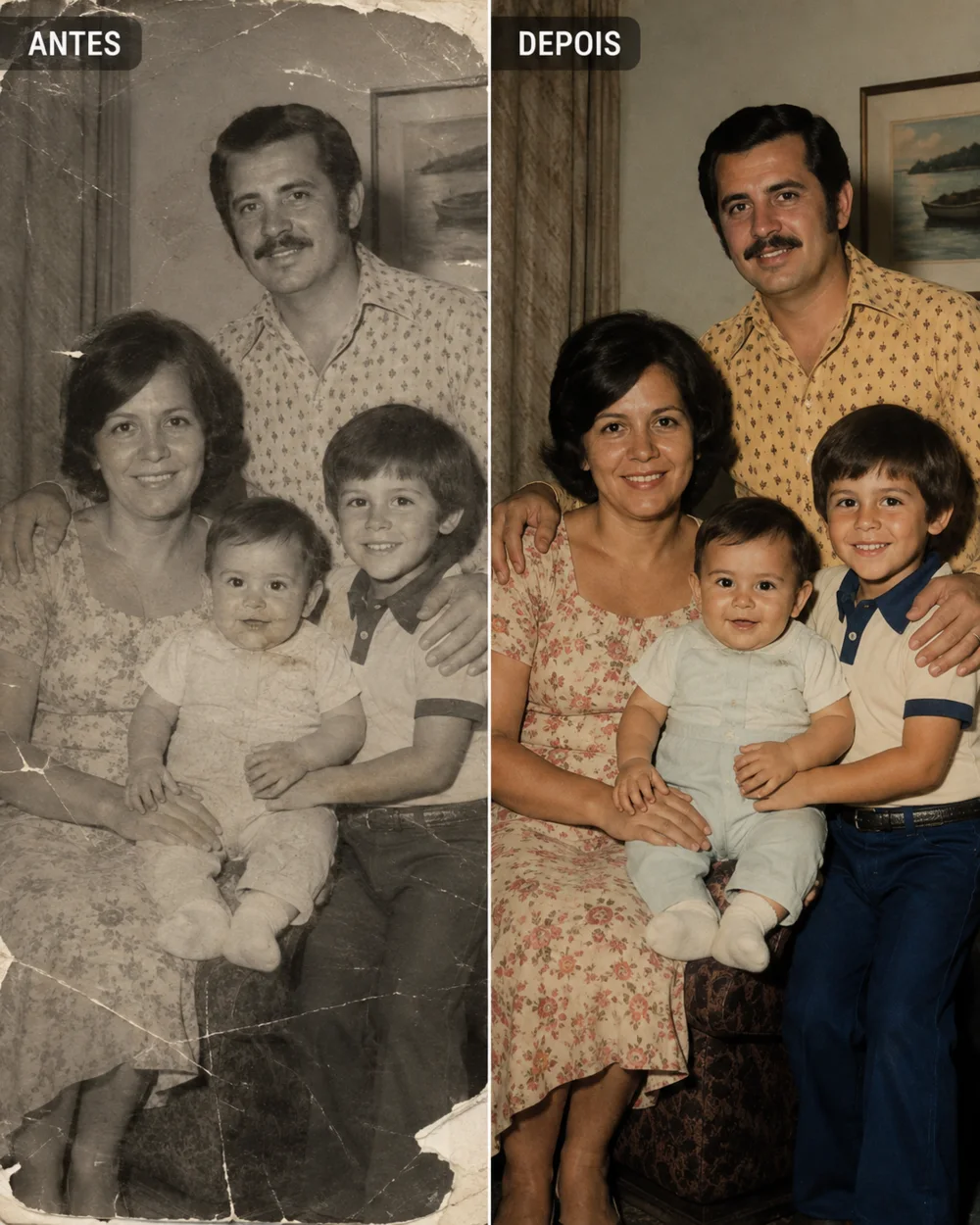 Demonstração de restauração de uma fotografia antiga de família, com comparação antes e depois