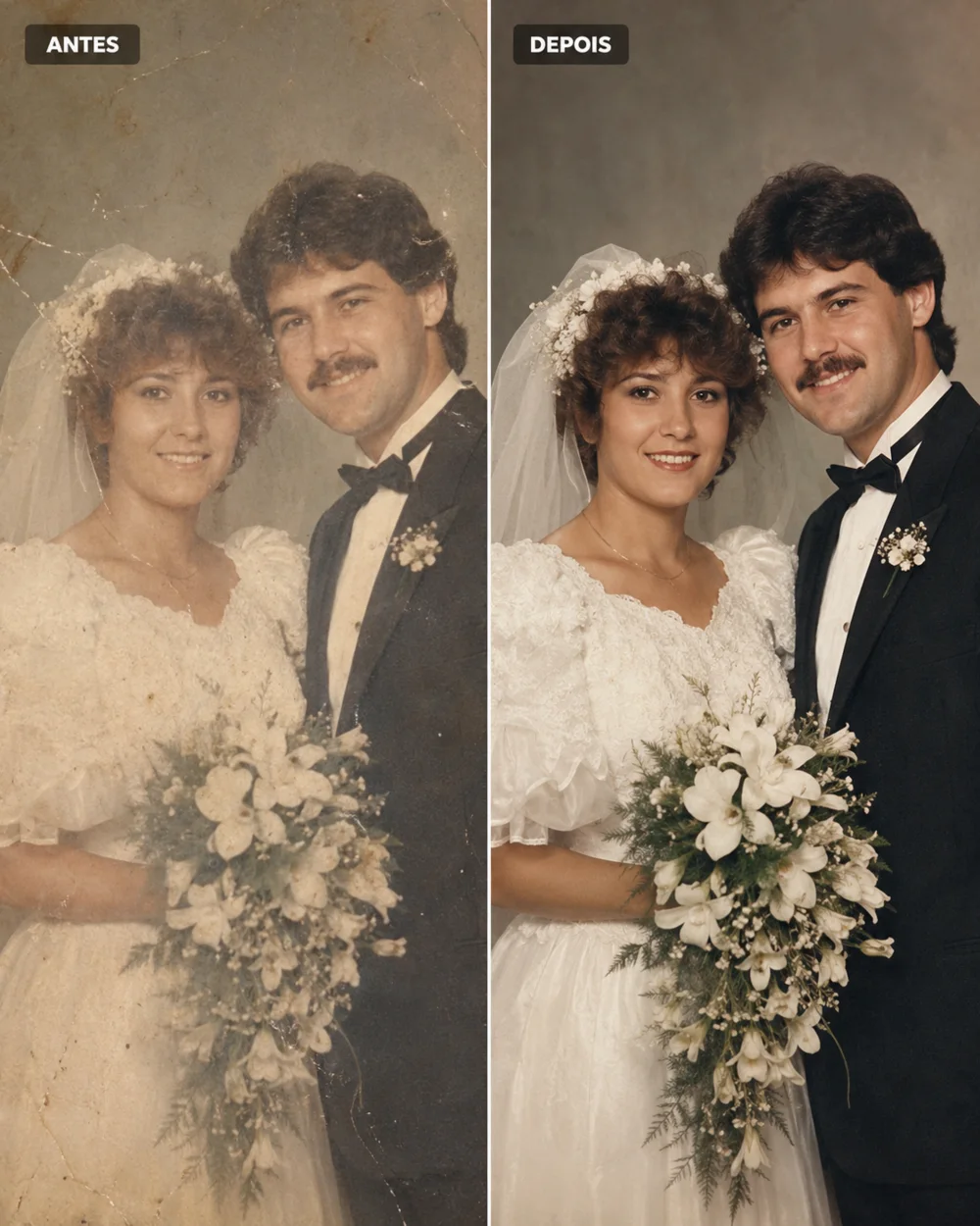 Demonstração de restauração de fotografia antiga de casamento, com comparação antes e depois